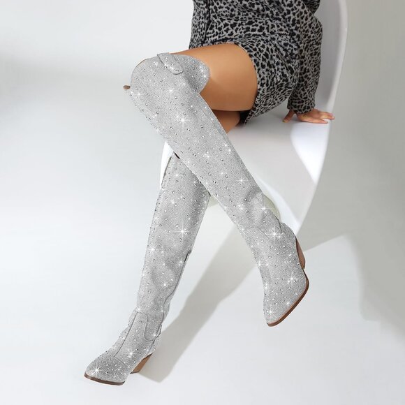 Women Silver Faux Leather Sparkly Bling Rhinestone Over the Knee Cowboy Boot - Picture 5 of 9